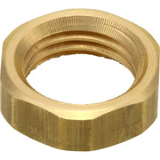 Brass hexagonal nut with ribbed grip surface and threaded center hole.