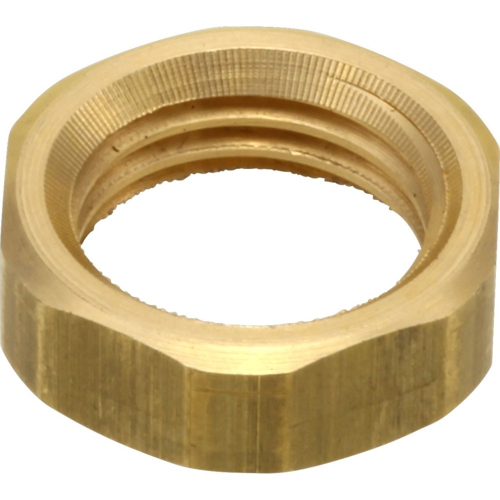 Brass hexagonal nut with ribbed grip surface and threaded center hole.