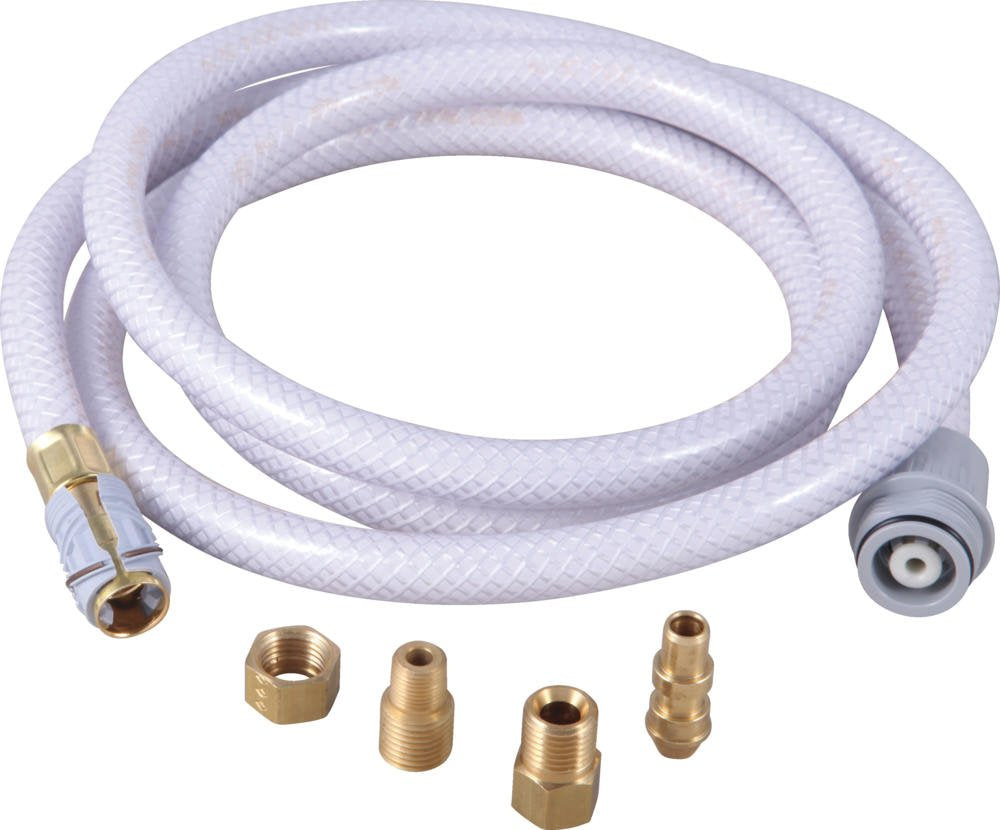 White braided spray hose with brass fittings and connector end pieces.