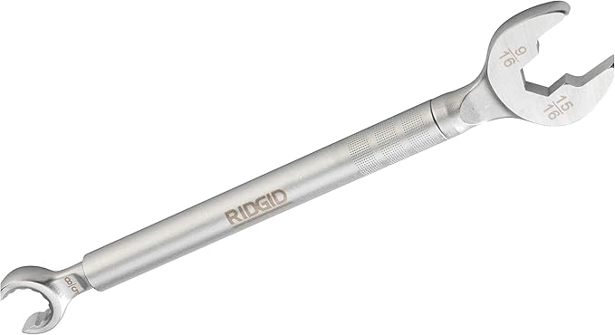 Silver RIDGID wrench with dual wrench heads on each end for plumbing connections.