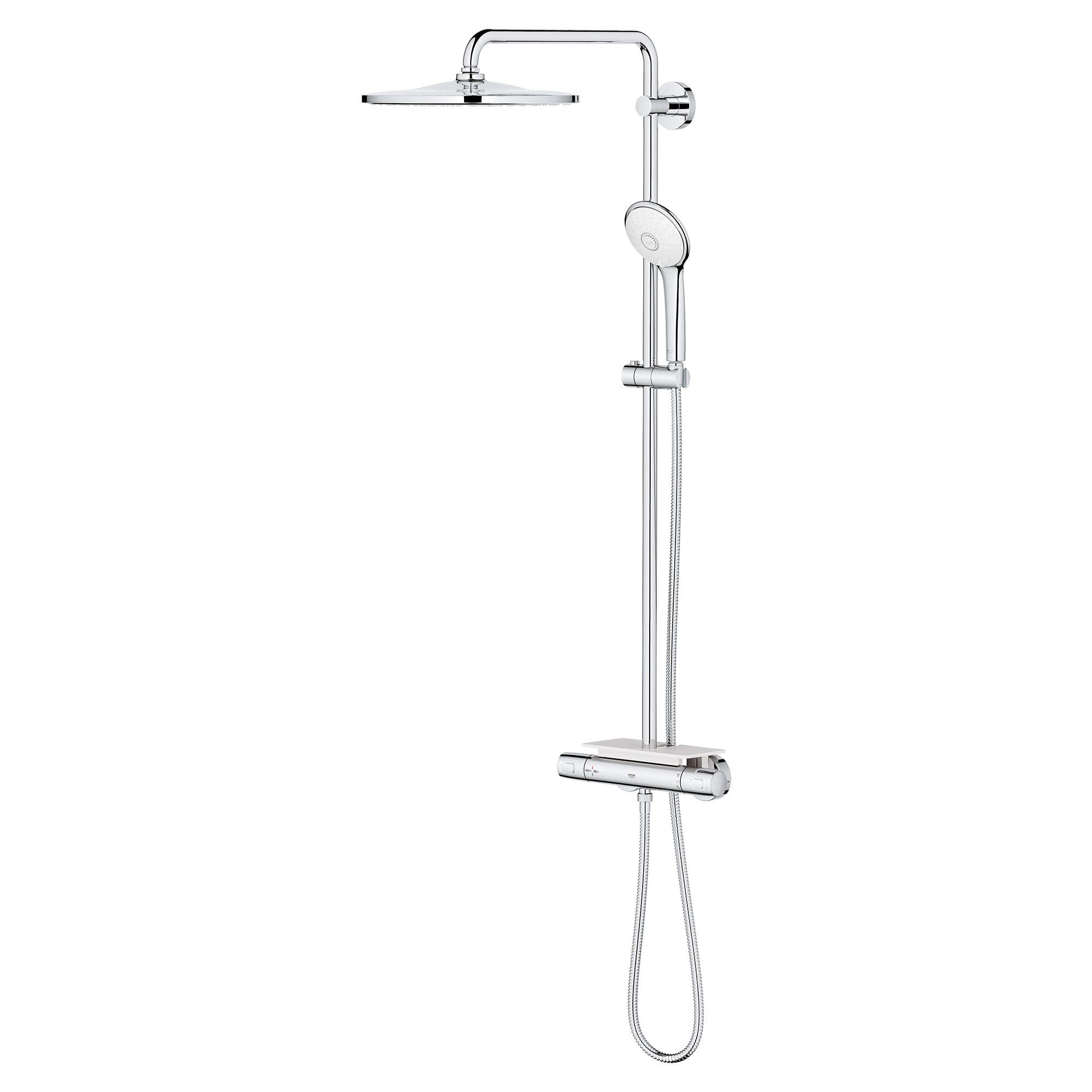 Chrome thermostatic shower system with rectangular overhead showerhead, handheld spray, vertical rail, and control valve.