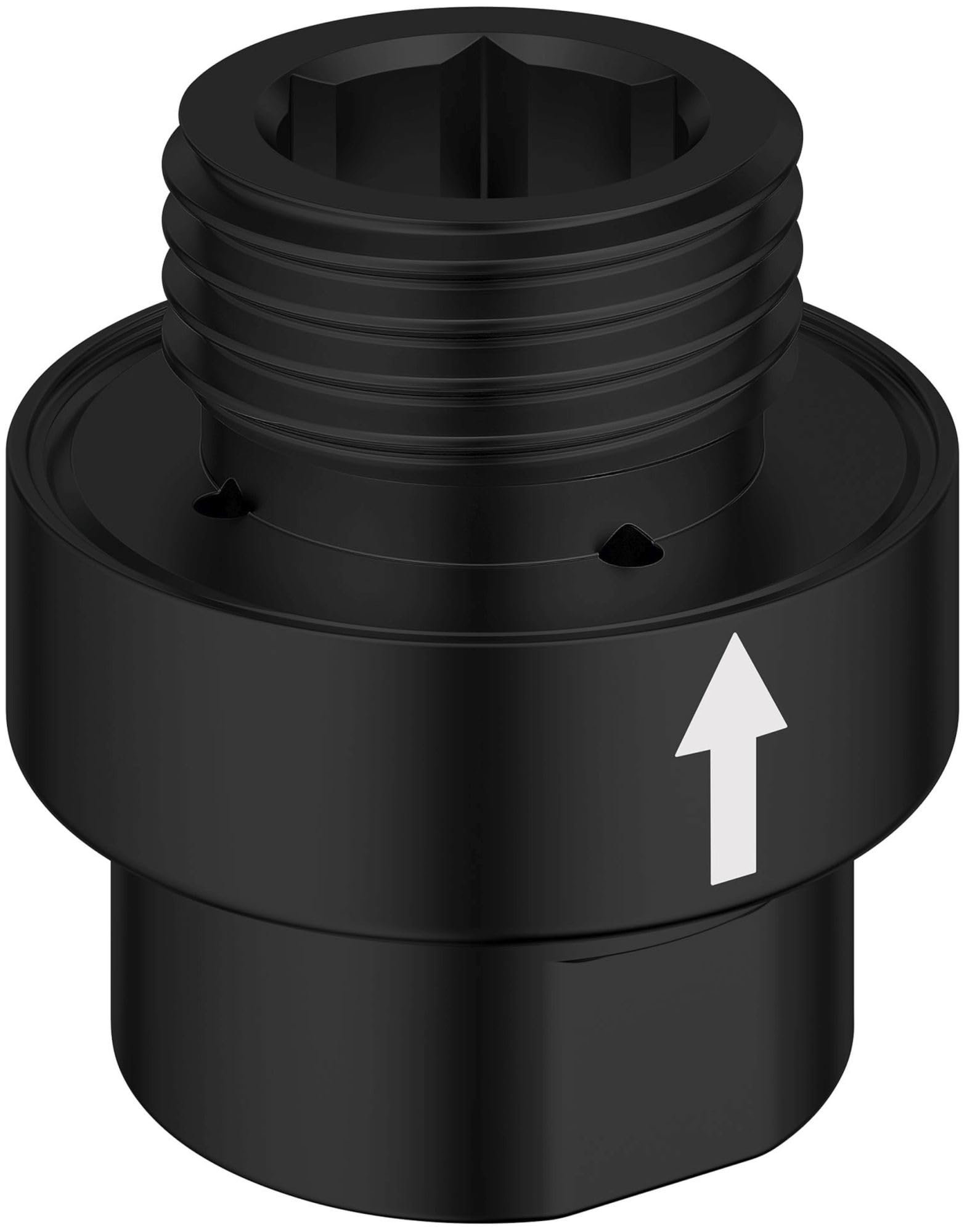 Matte black inline vacuum breaker with 1/2" threaded connection and directional arrow marking.