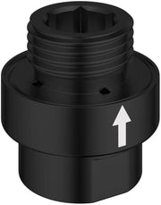 Matte black inline vacuum breaker with 1/2" threaded connection and directional arrow marking.