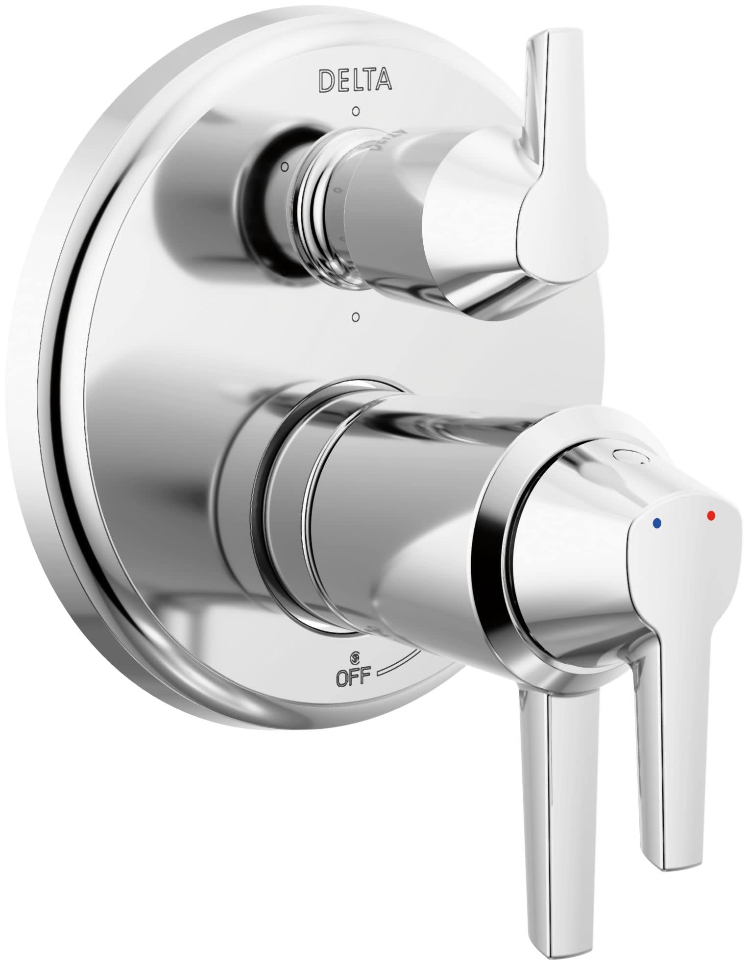 Chrome Delta shower trim with upper lever handle, lower diverter handle with blue and red indicator dots, and circular escutc