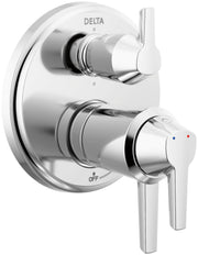 Chrome Delta shower trim with upper lever handle, lower diverter handle with blue and red indicator dots, and circular escutc
