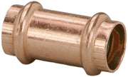 Copper press coupling with threaded ends and central grip rings for pipe connections.