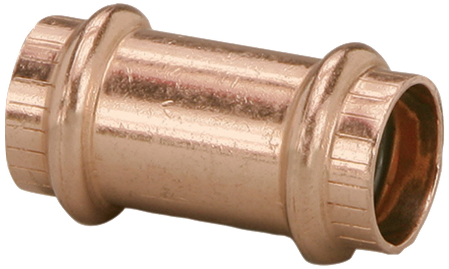 Copper press coupling with threaded ends and central grip rings for pipe connections.