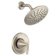 Brushed nickel shower system with round rainshower head and lever-handle trim plate.