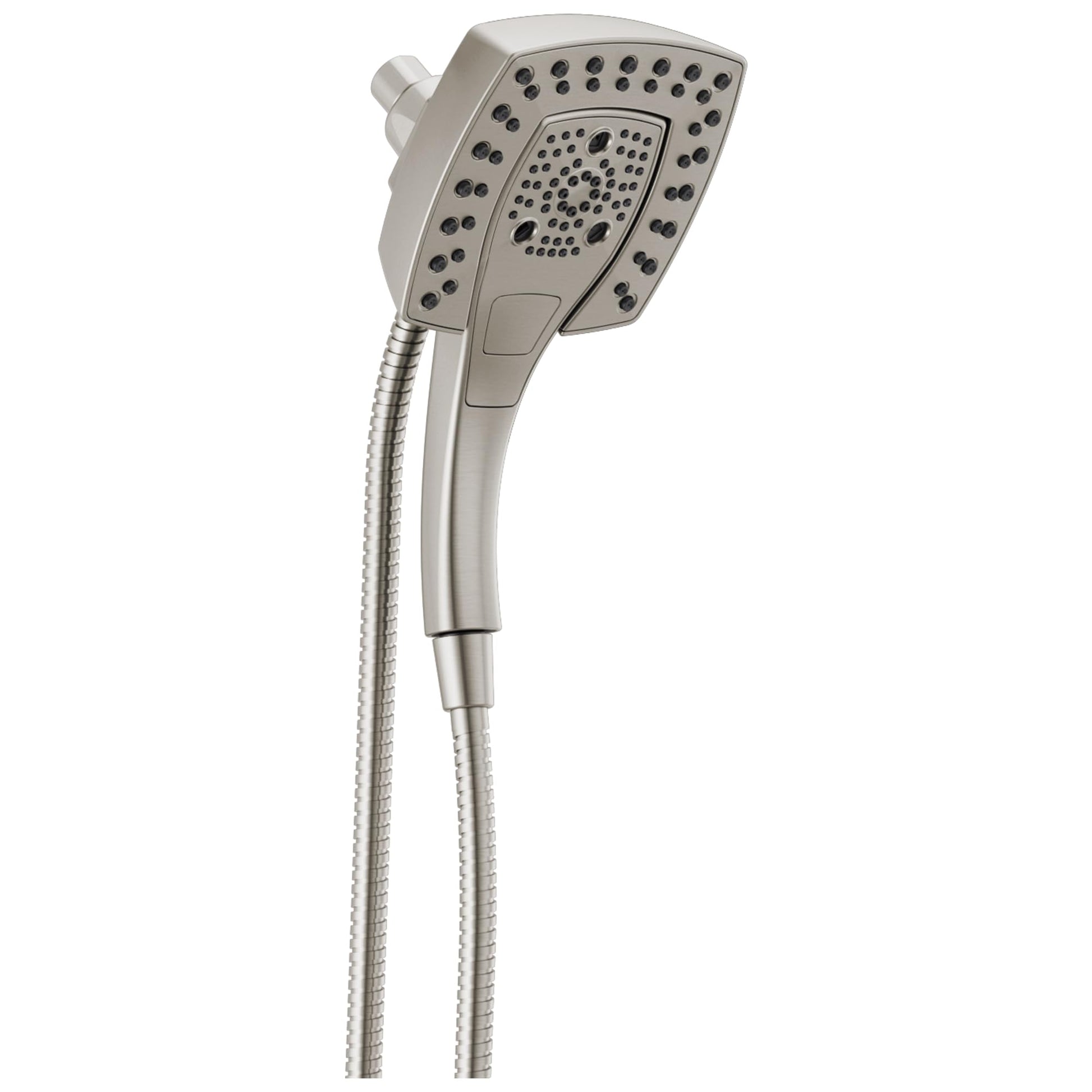 Square brushed nickel handheld shower head with dual spray zones and flexible hose attachment.