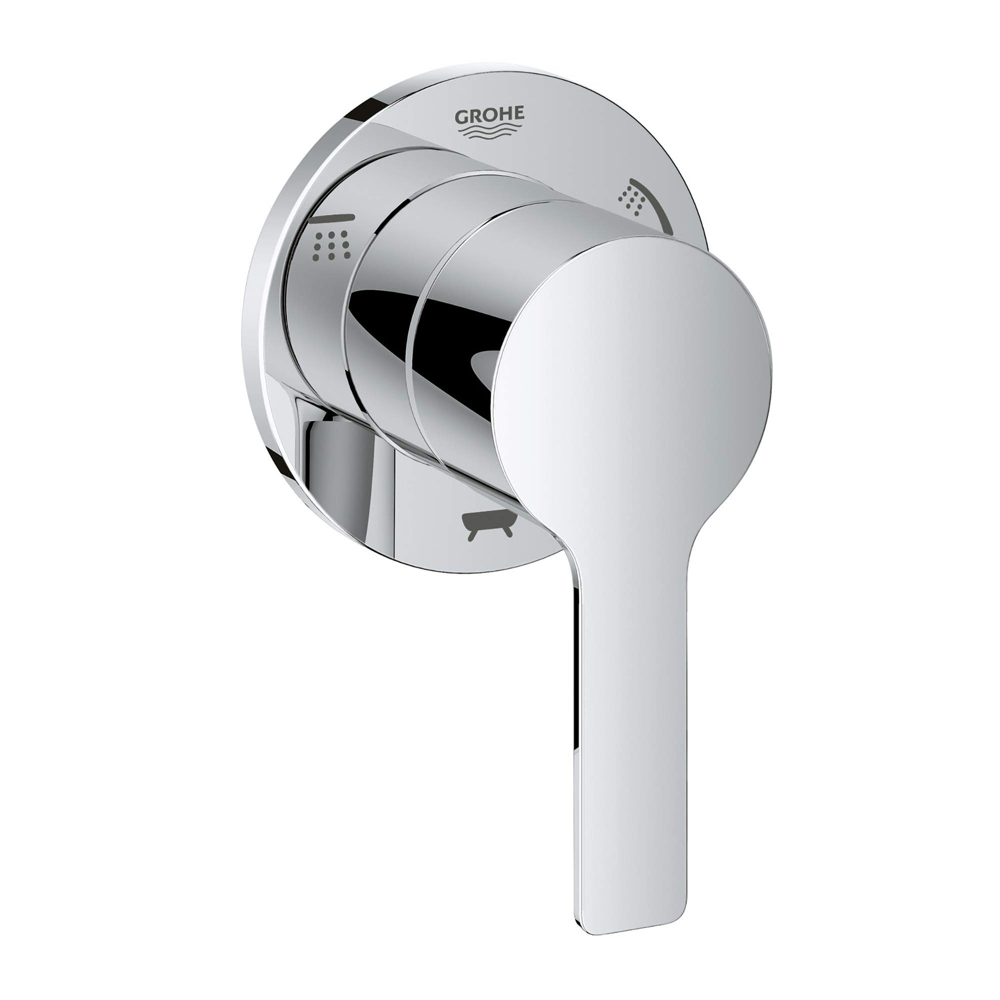 Grohe Lineare chrome 3-way diverter trim with round escutcheon and lever handle.