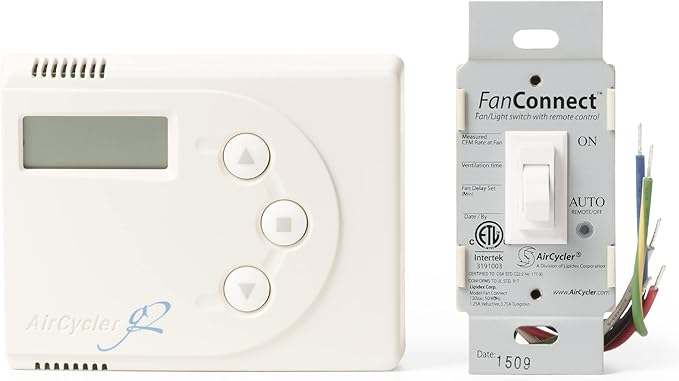 White Panasonic AirCycler thermostat with LCD display and three buttons; FanConnect switch with remote control and wiring ter