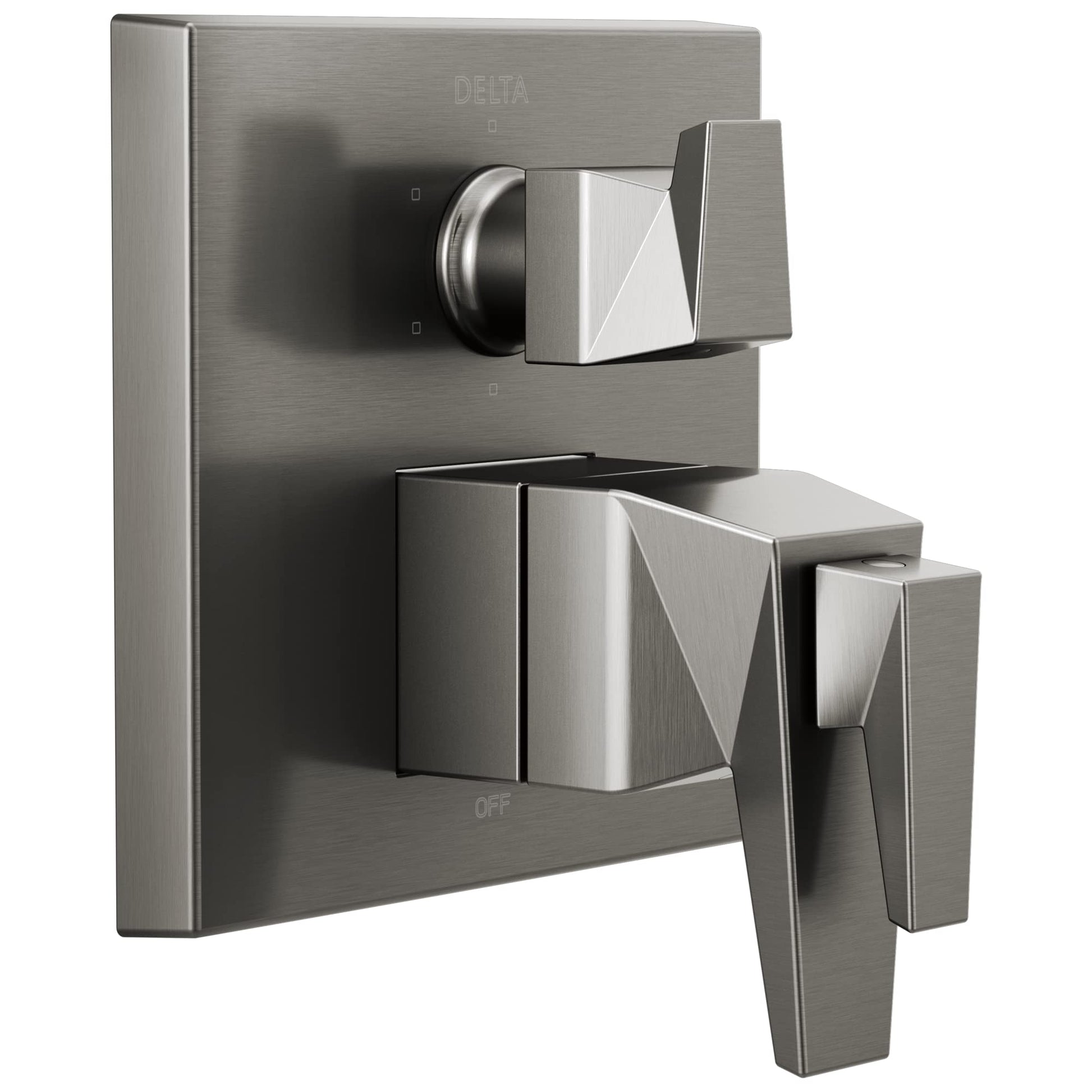 Brushed nickel two-handle shower valve trim with diverter and angular lever handles mounted on square escutcheon plate.