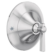 Chrome shower valve trim with round escutcheon plate and single lever handle.