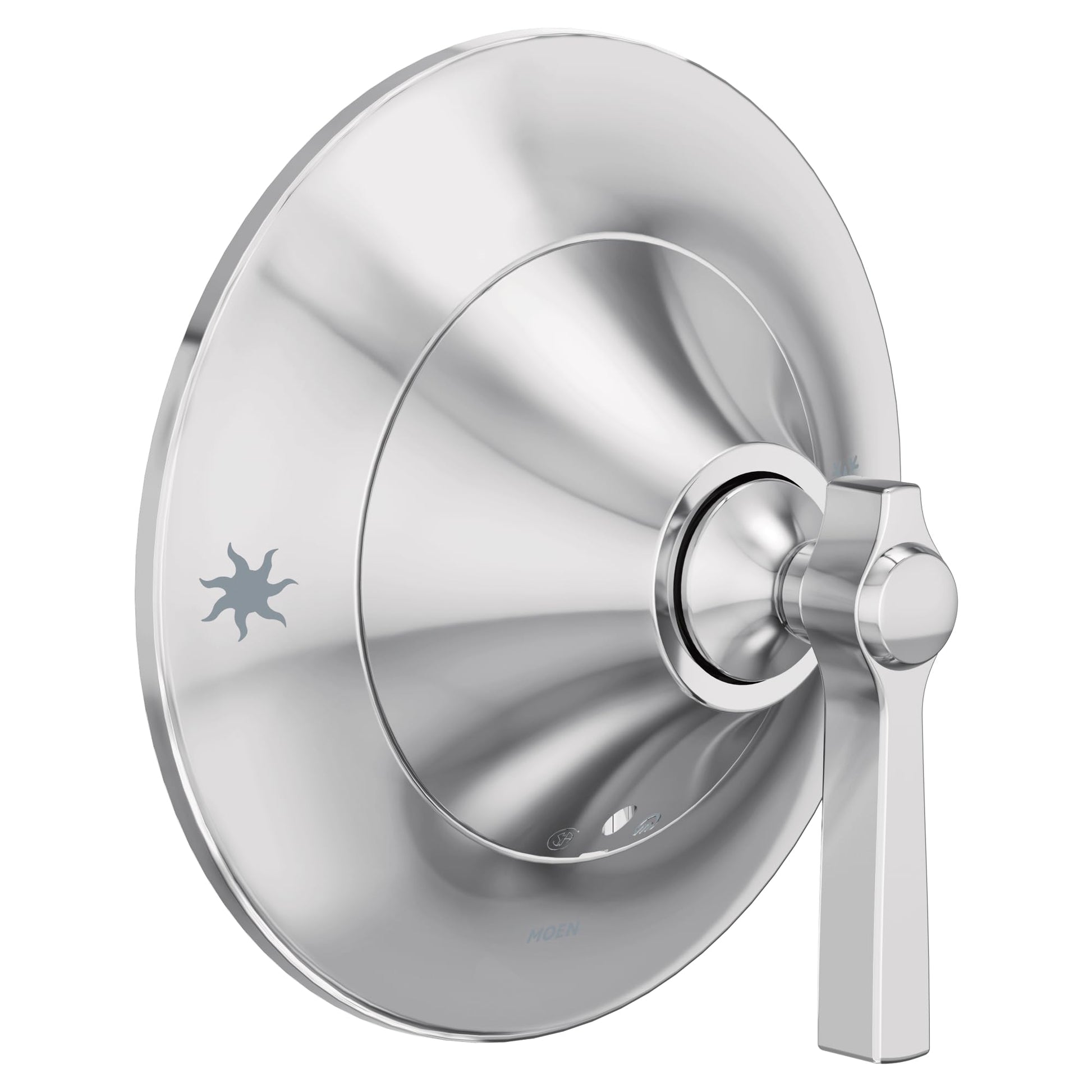 Chrome shower valve trim with round escutcheon plate and single lever handle.