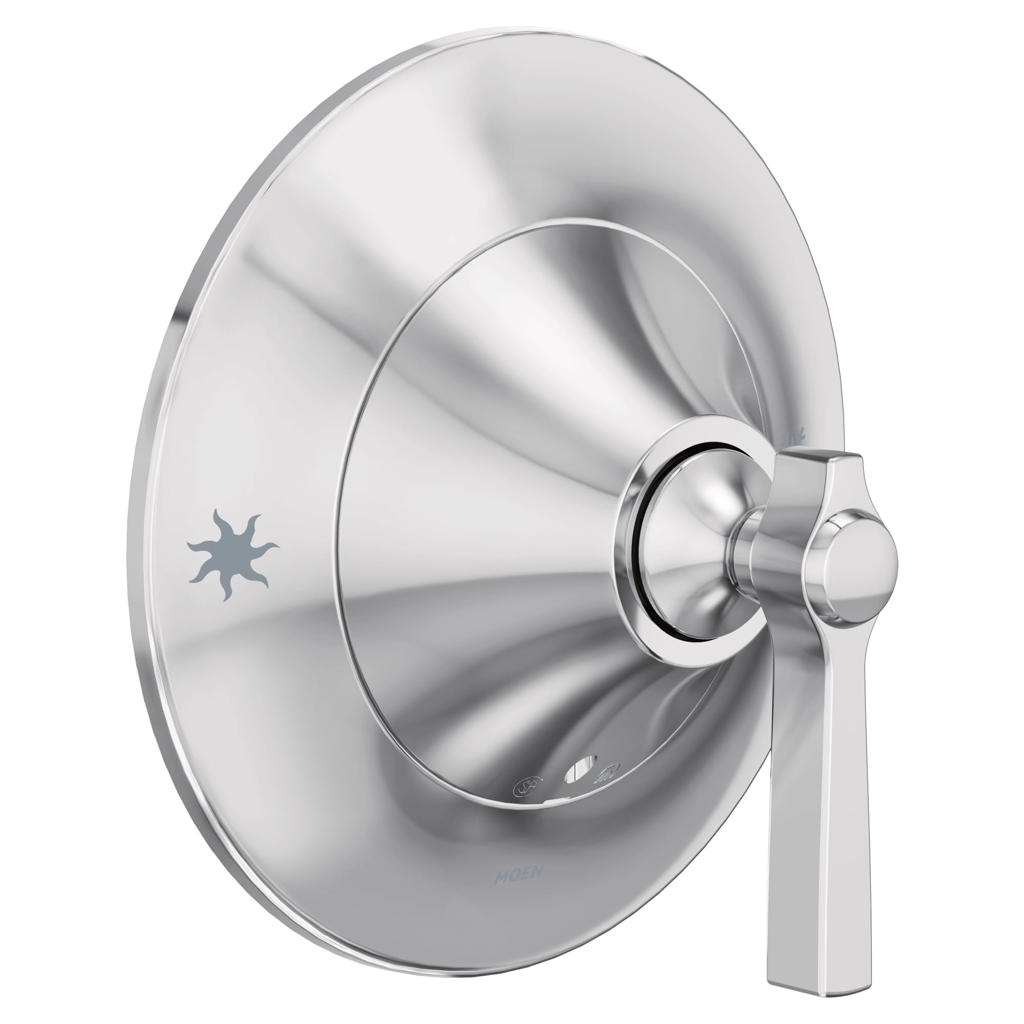 Chrome shower valve trim with round escutcheon plate and single lever handle.
