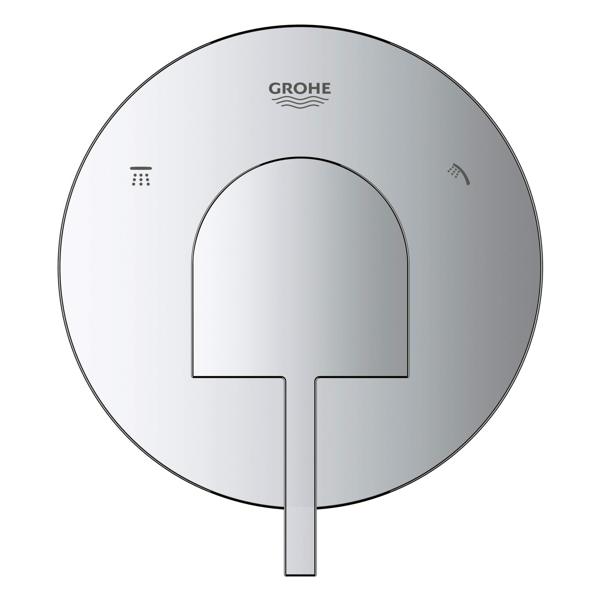 Grohe Plus chrome 3-way diverter trim with round plate and lever handle.
