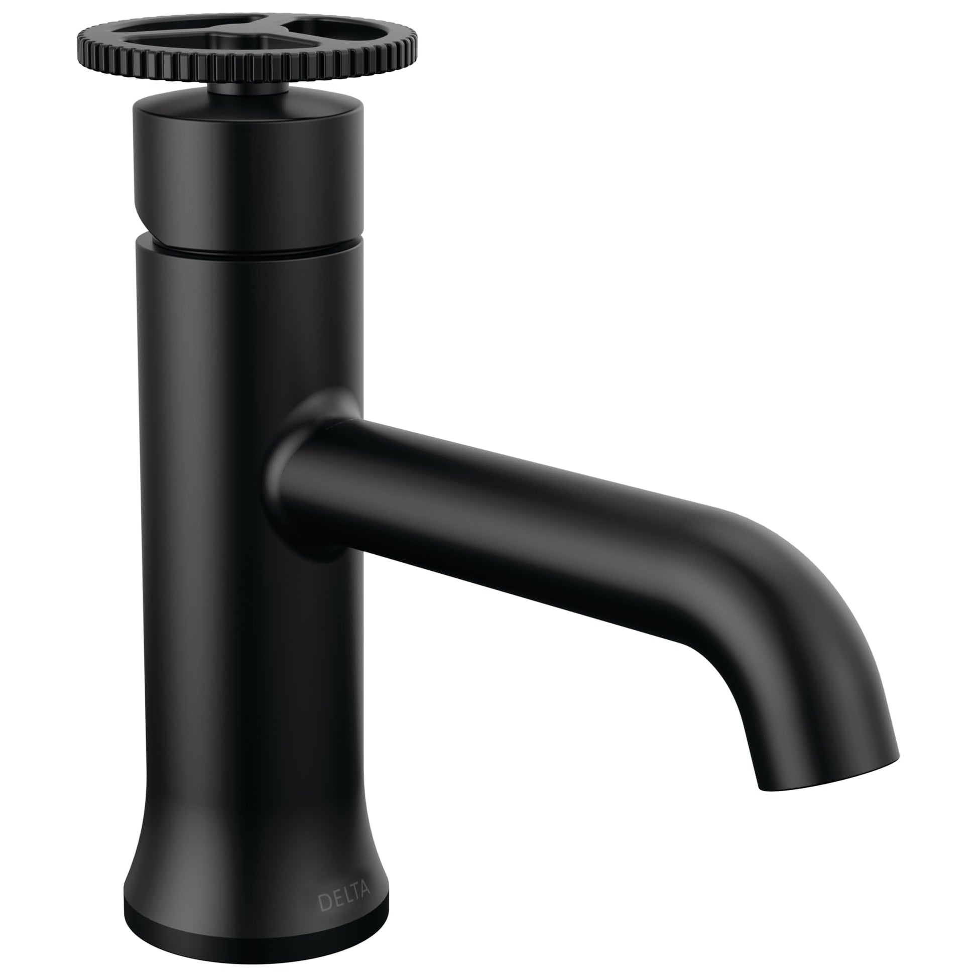 Black single-handle bathroom faucet with cylindrical body, curved spout, and ridged wheel handle on top.