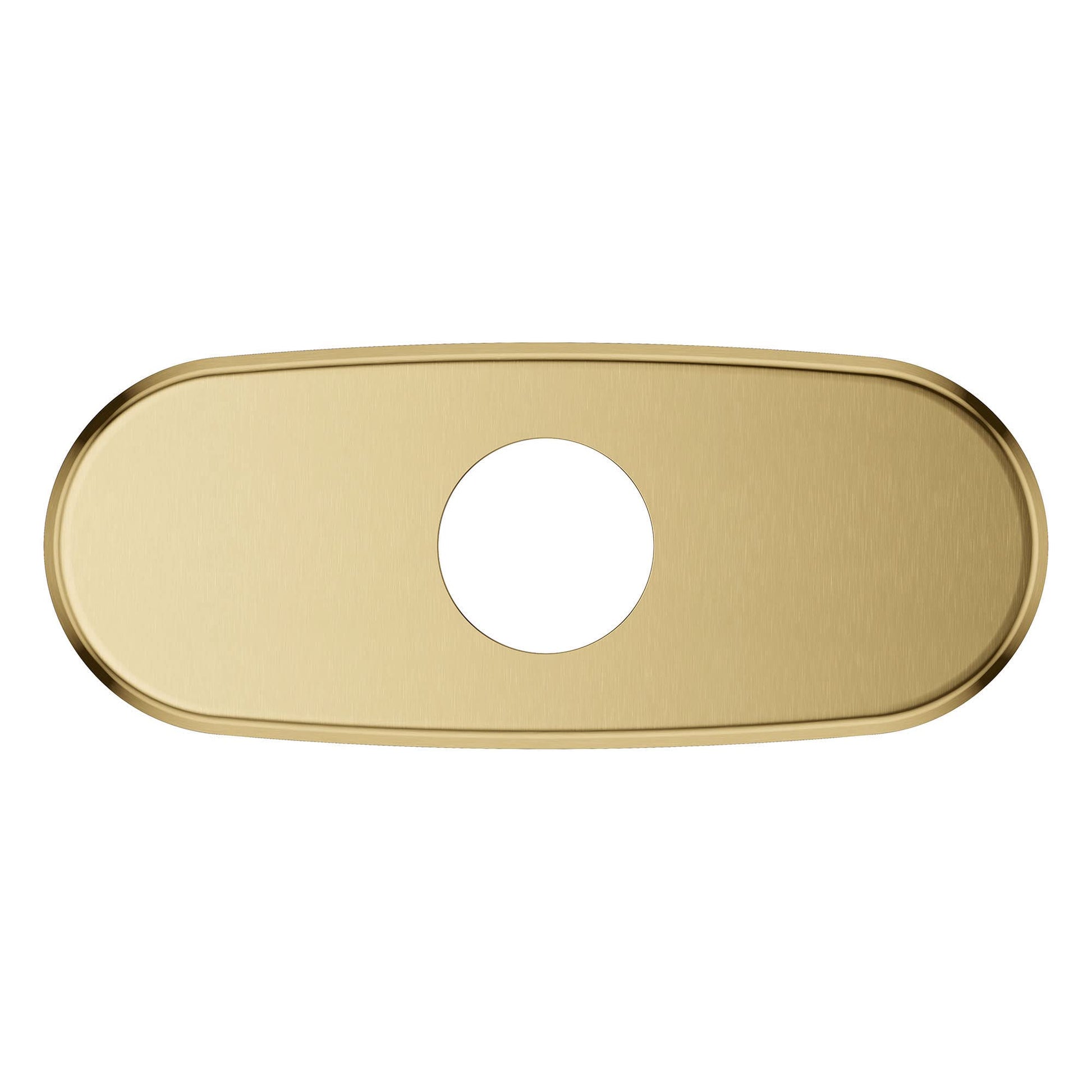 Brushed gold-toned oval escutcheon with center circular opening for pipe penetration.