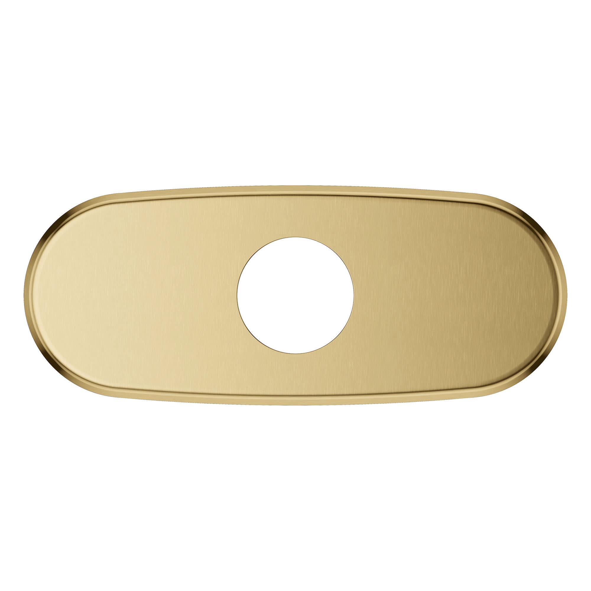 Brushed gold-toned oval escutcheon with center circular opening for pipe penetration.