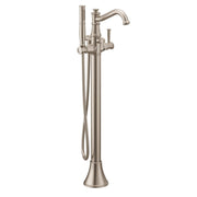 Brushed nickel freestanding tub filler with curved spout, single handle, and detachable handshower on hose.