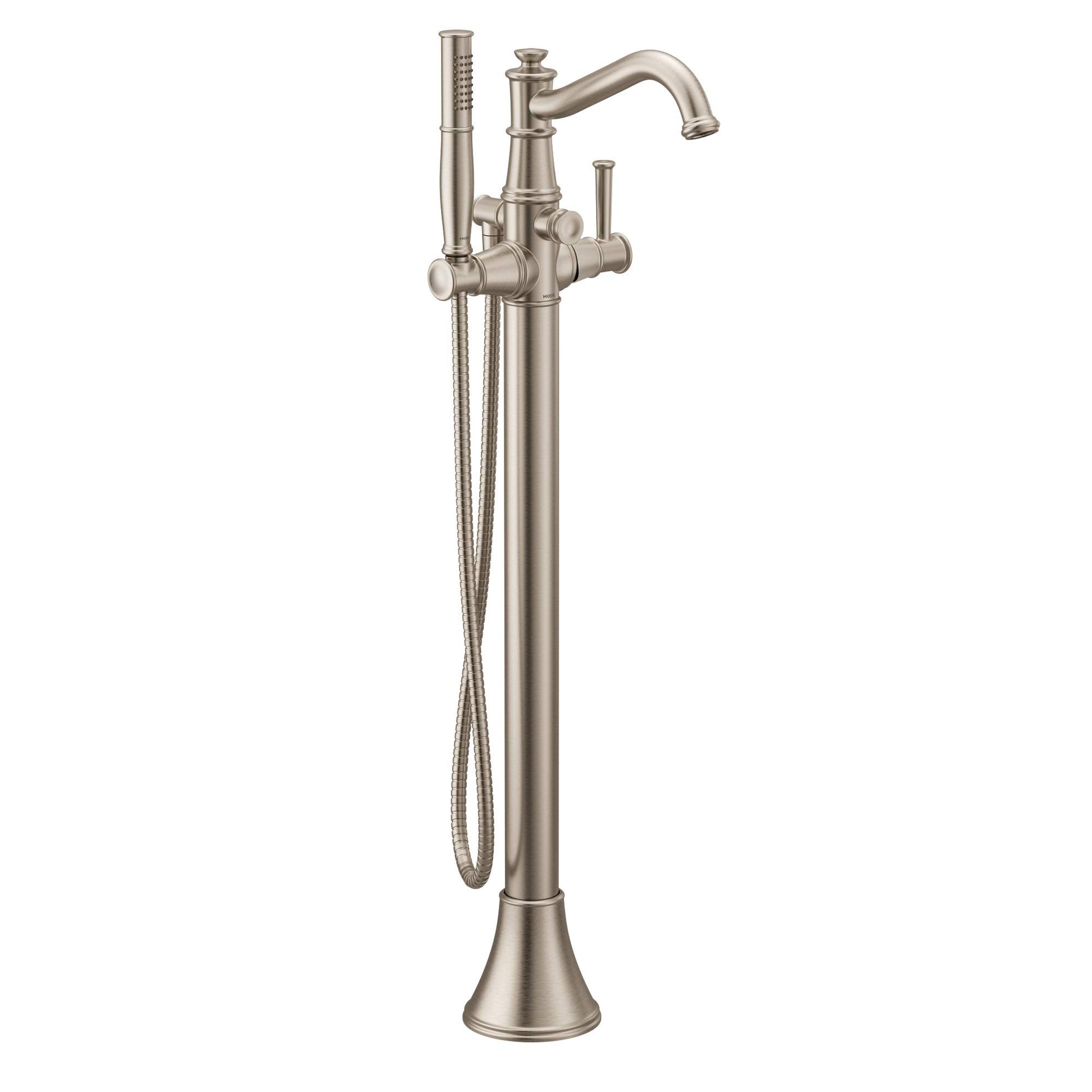 Brushed nickel freestanding tub filler with curved spout, single handle, and detachable handshower on hose.