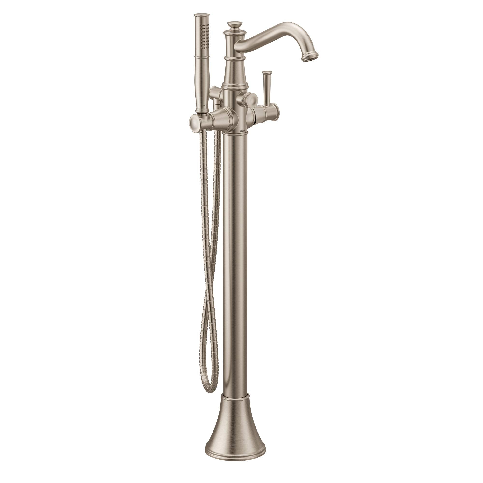 Brushed nickel freestanding tub filler with curved spout, single handle, and detachable handshower on hose.