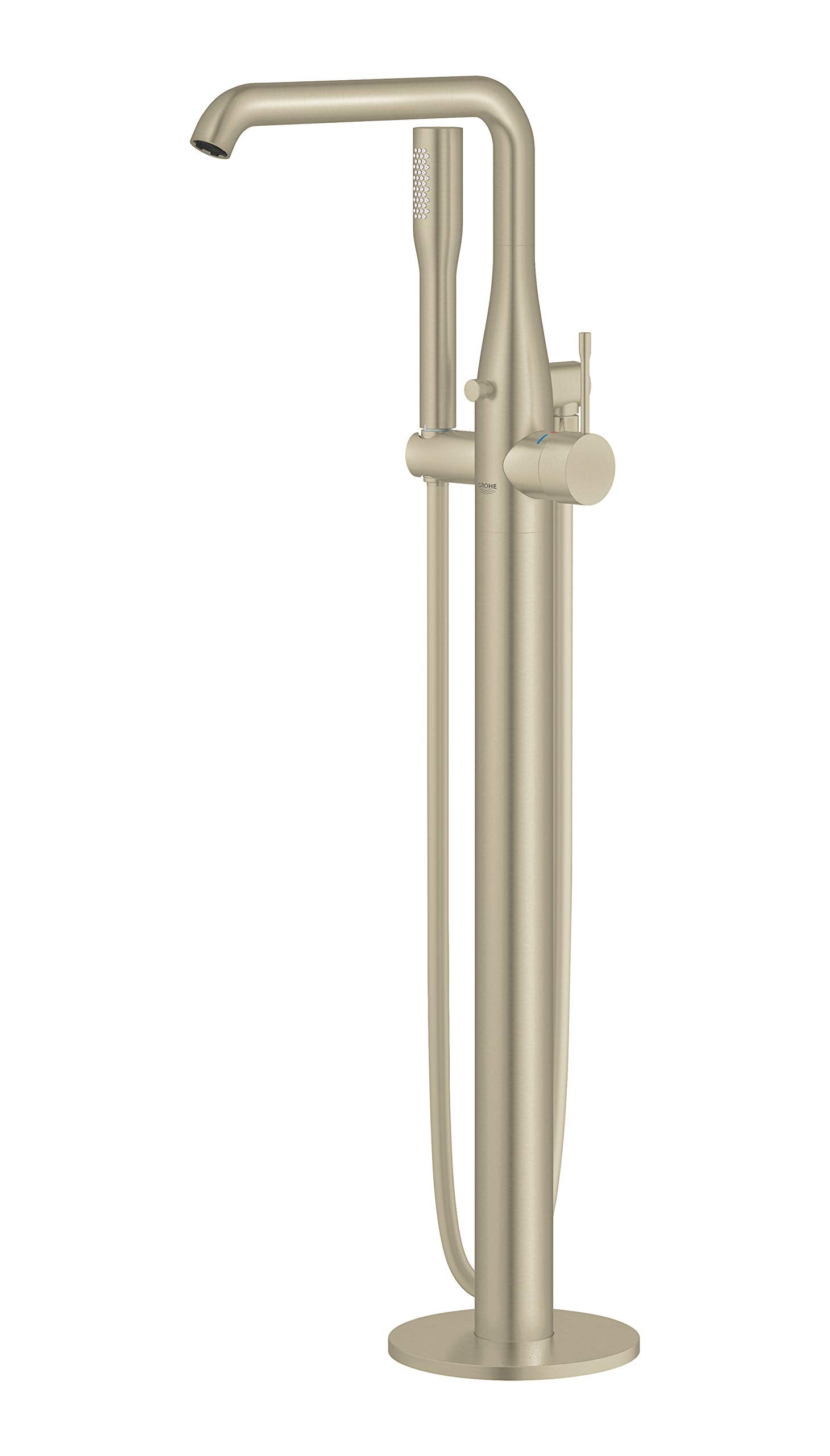 Brushed nickel freestanding tub faucet with single handle, curved spout, and hand shower attachment on vertical post.