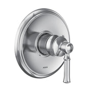 Chrome shower trim kit with large round escutcheon plate and single lever handle.