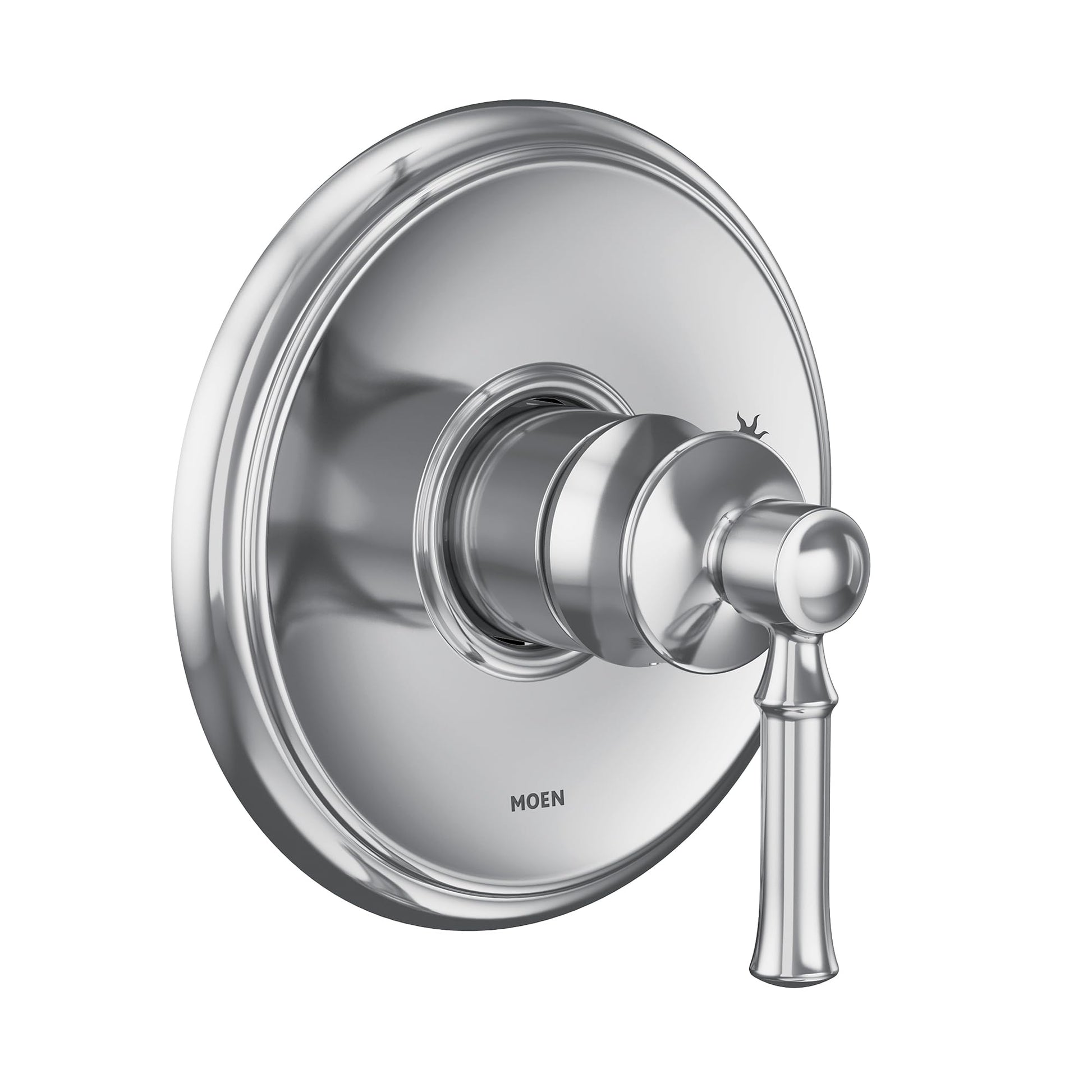 Chrome shower trim kit with large round escutcheon plate and single lever handle.