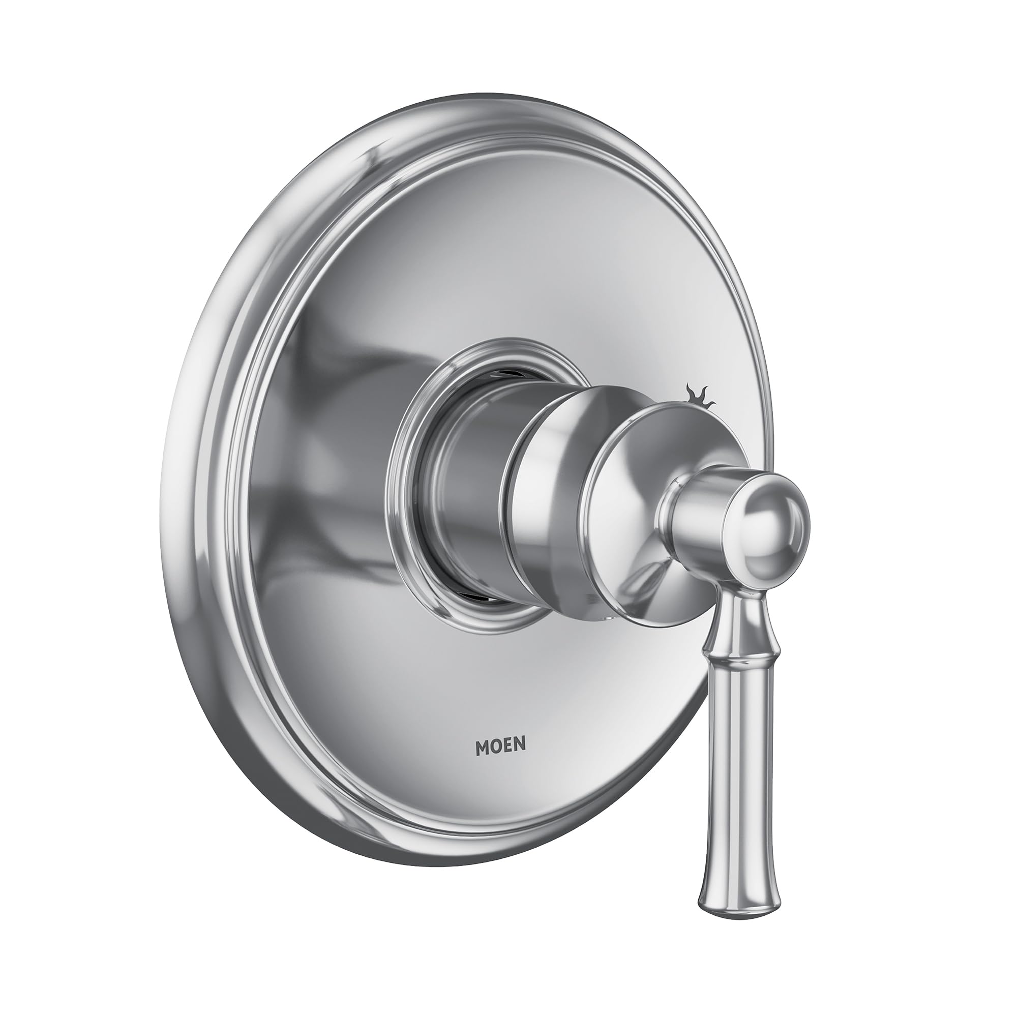 Chrome shower trim kit with large round escutcheon plate and single lever handle.