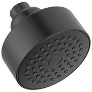Matte black round shower head with multiple spray jets and threaded connection arm.