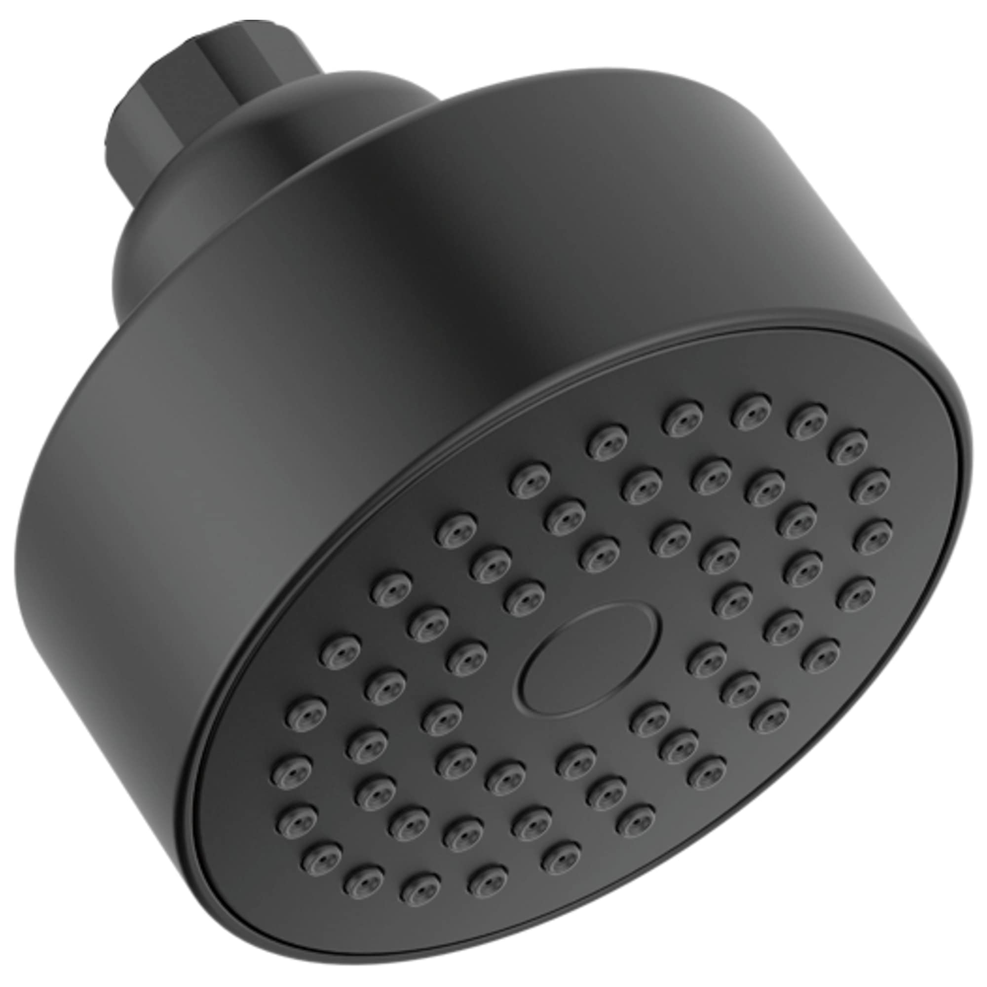 Matte black round shower head with multiple spray jets and threaded connection arm.