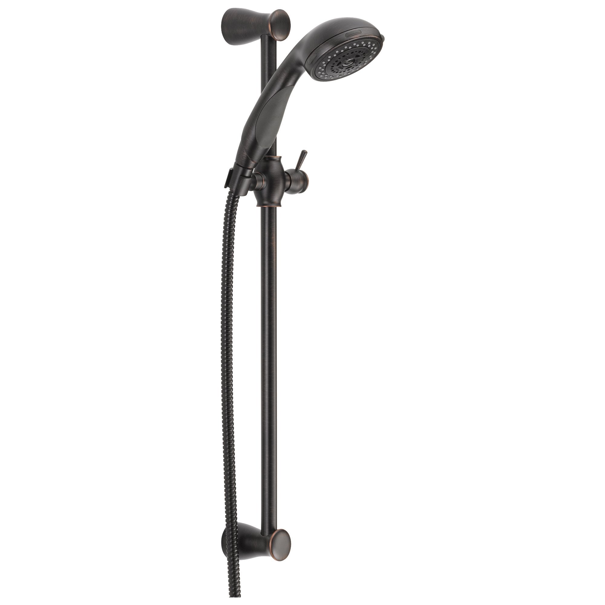 Black hand shower with adjustable slide bar, perforated shower head, and flexible hose attachment.