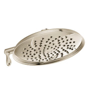 Polished nickel oval showerhead with multiple spray jets and a small side lever control.