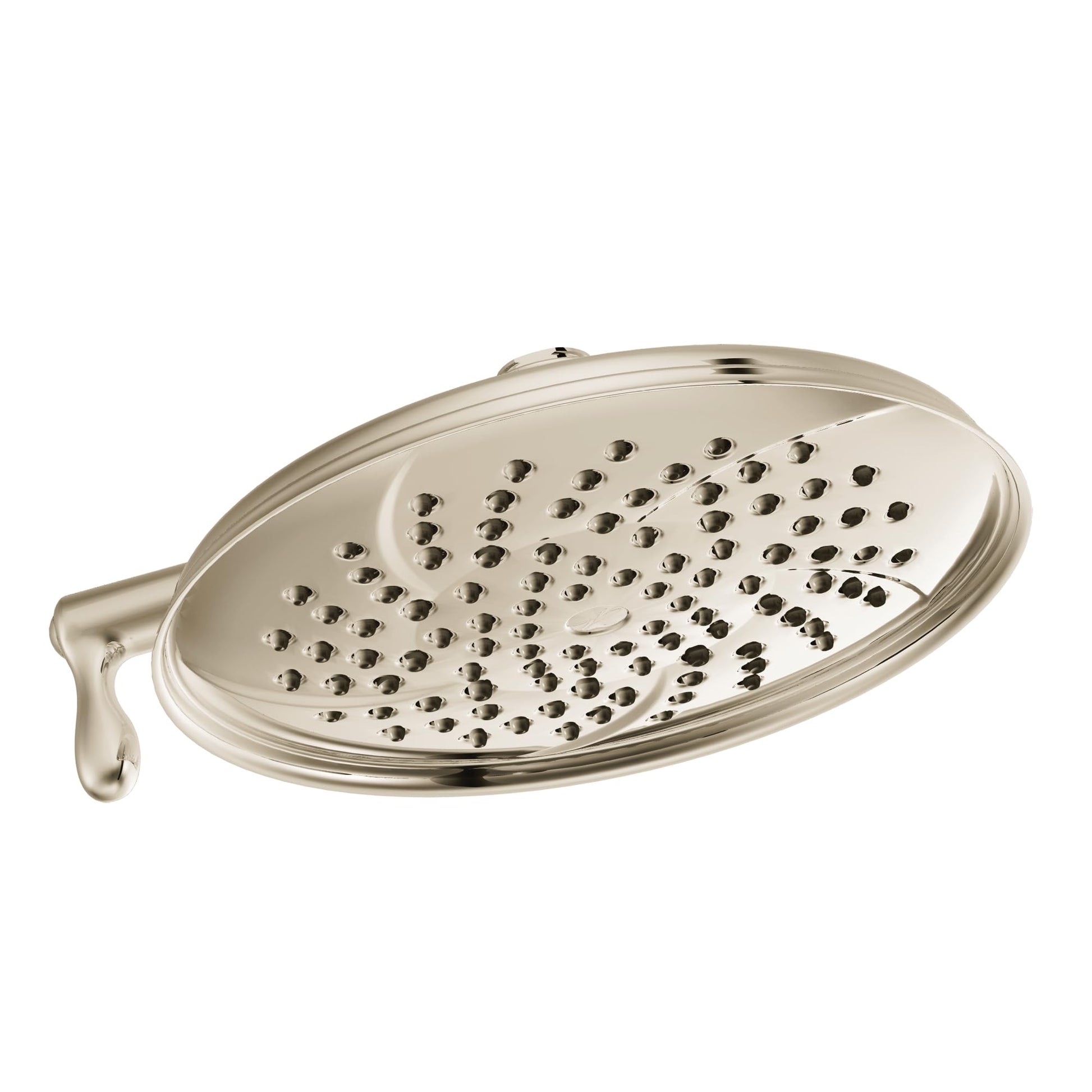 Polished nickel oval showerhead with multiple spray jets and a small side lever control.