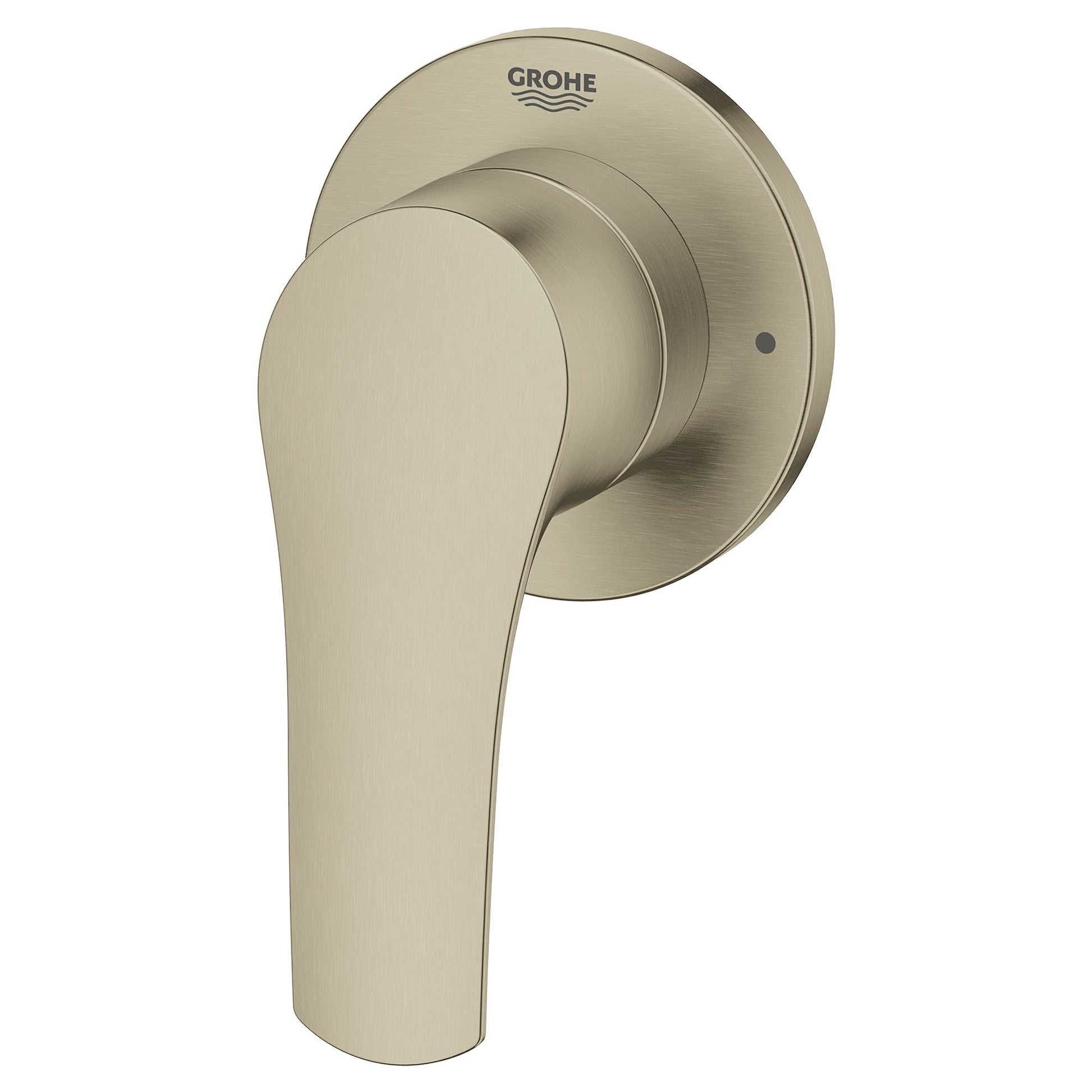 Grohe Eurosmart brushed nickel 2-way diverter valve trim with curved lever handle and circular escutcheon plate.