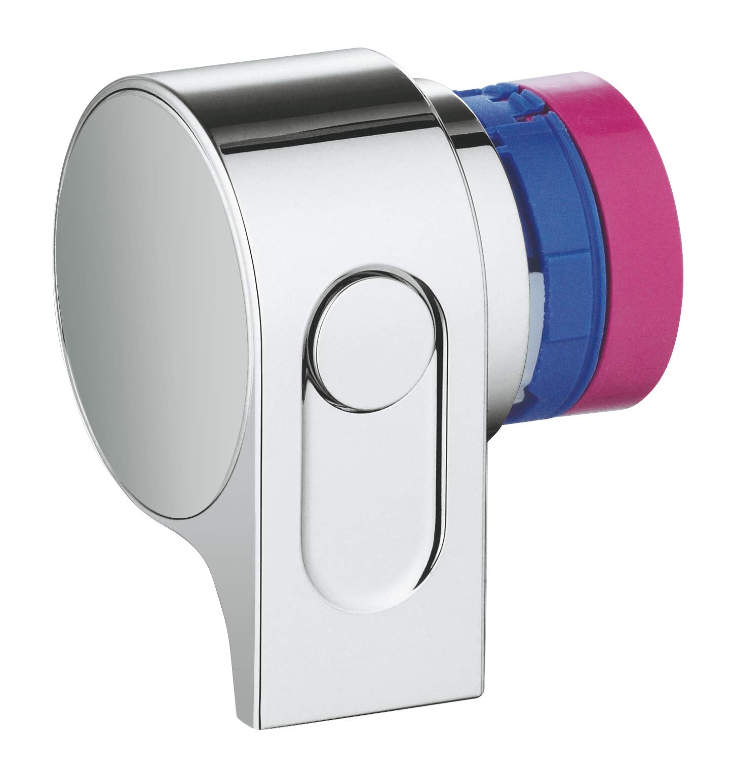 Chrome volume control handle with white escutcheon plate, blue and pink cartridge rings attached to rear.