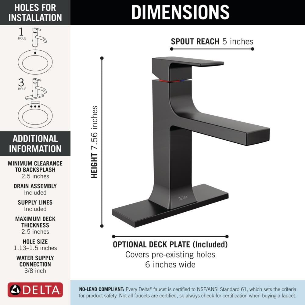 Matte black single-handle bathroom faucet with rectangular spout, 7.56 inches tall, 5-inch spout reach, includes deck plate.