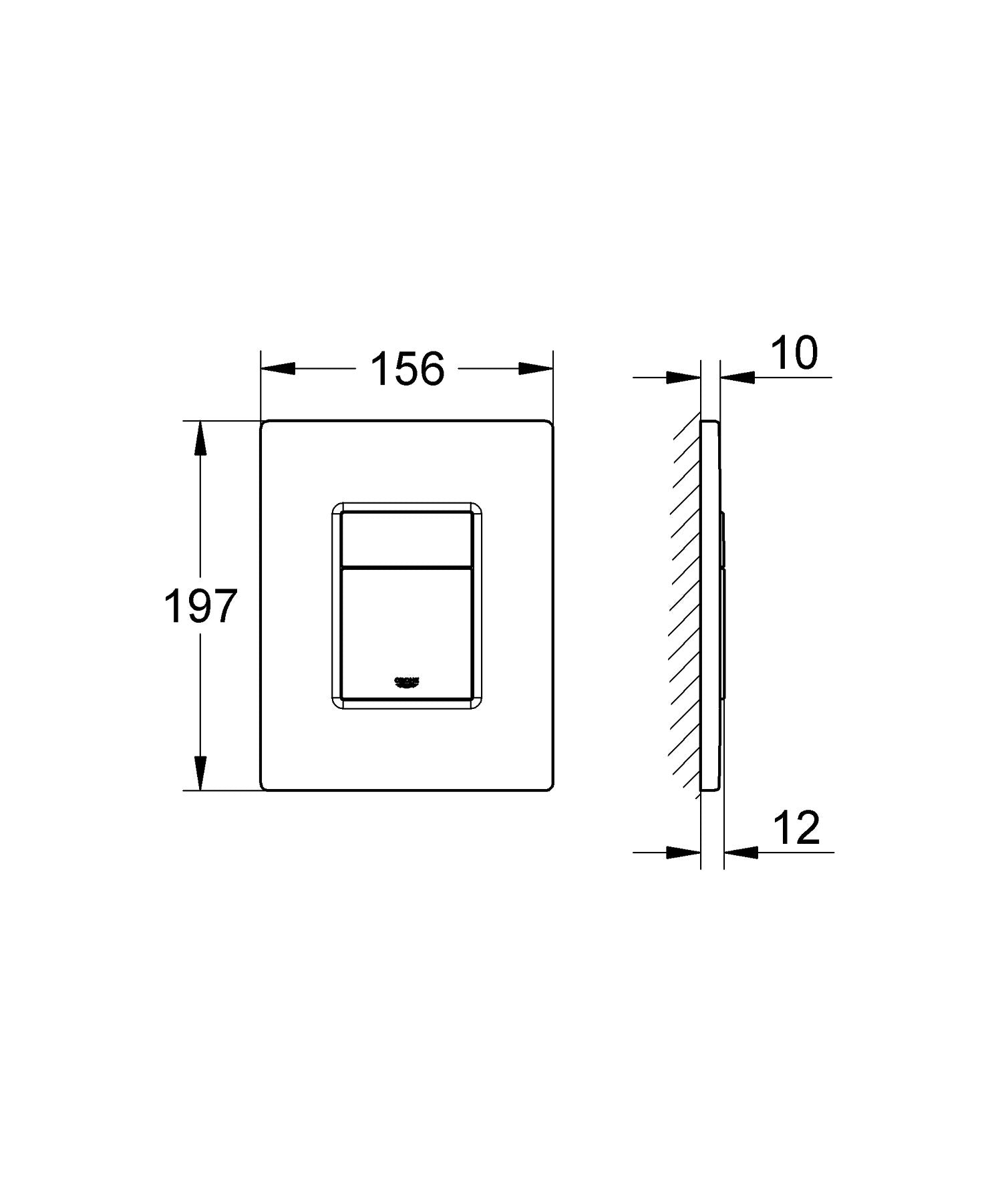 Rectangular brushed stainless steel wall plate with integrated control panel and dimensions labeled as 156mm wide by 197mm ta