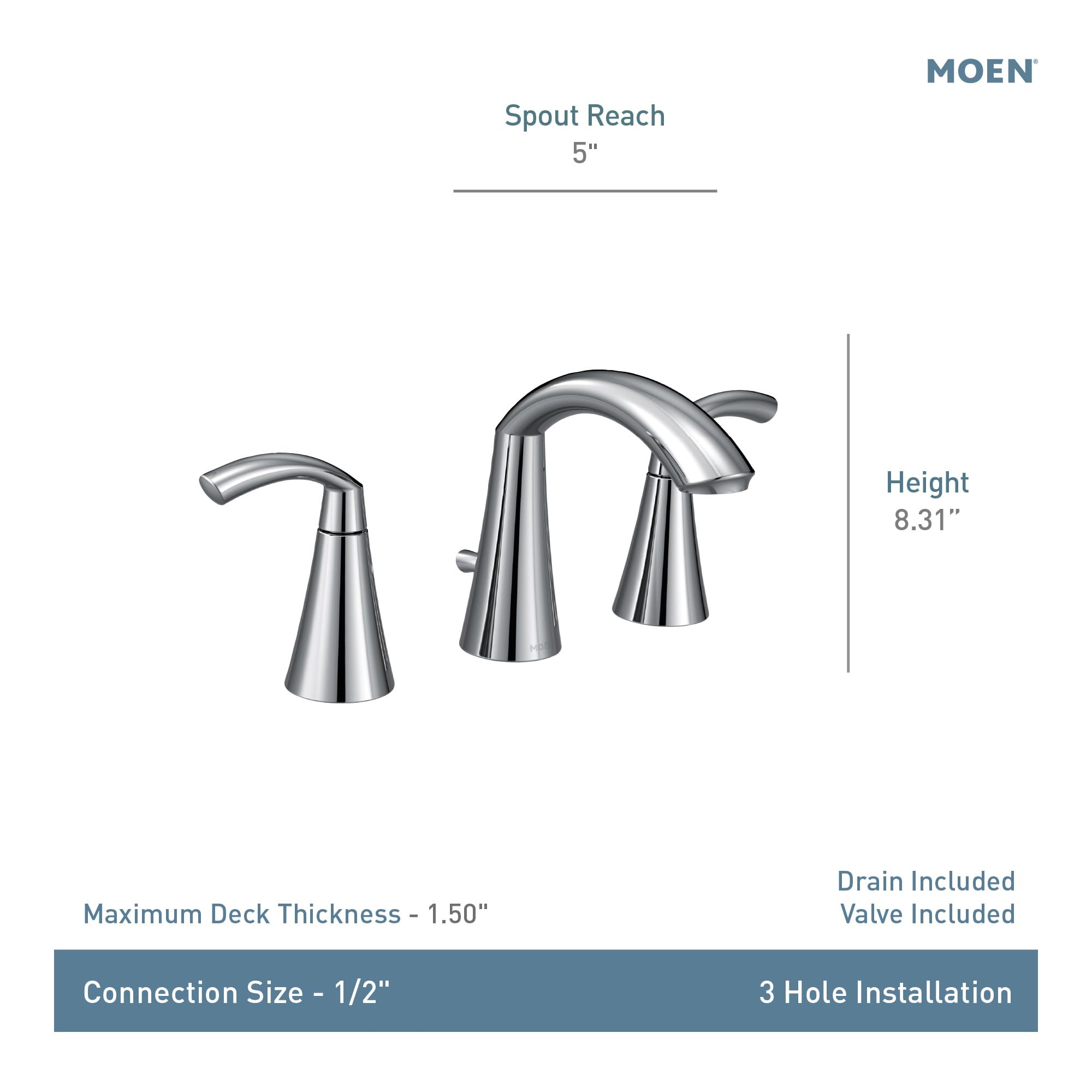 Moen Glyde matte black two-handle high arc widespread bathroom faucet with 5-inch spout reach and 8.31-inch height.
