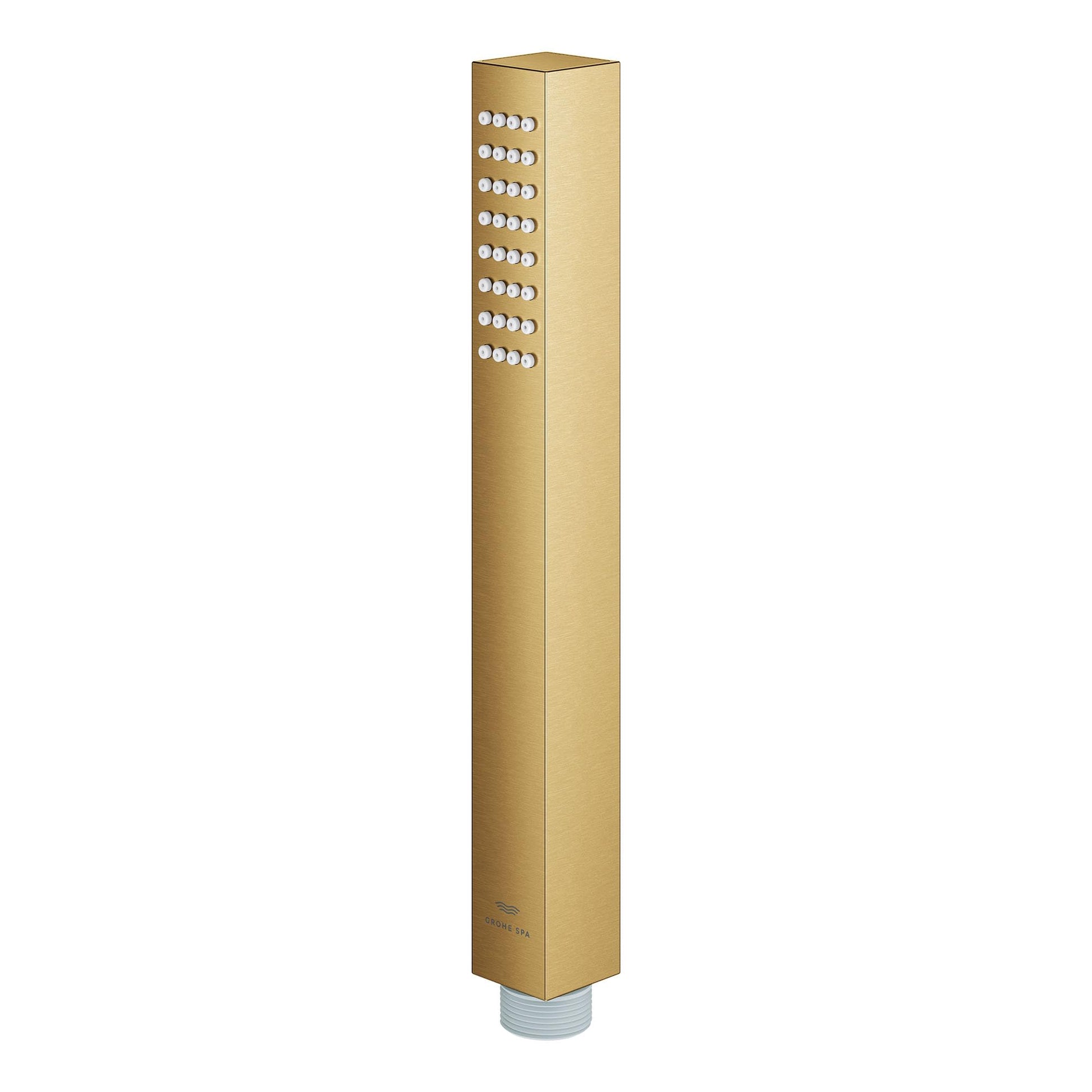 Tall rectangular brushed gold hand shower with multiple spray nozzles arranged in rows on upper section and threaded connecto