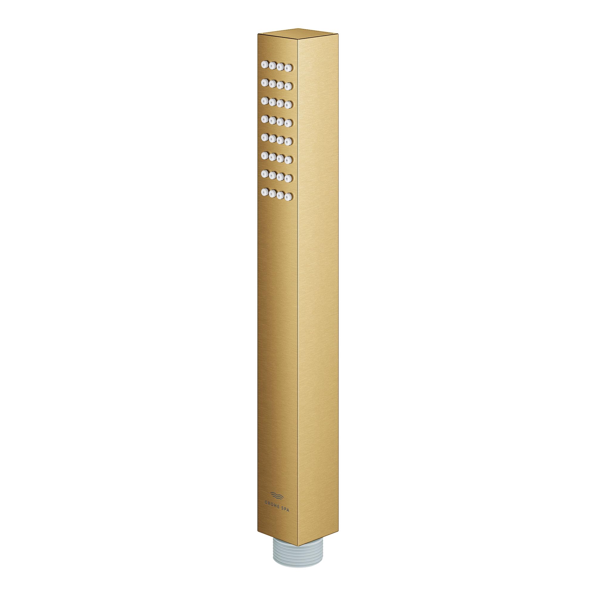 Tall rectangular brushed gold hand shower with multiple spray nozzles arranged in rows on upper section and threaded connecto