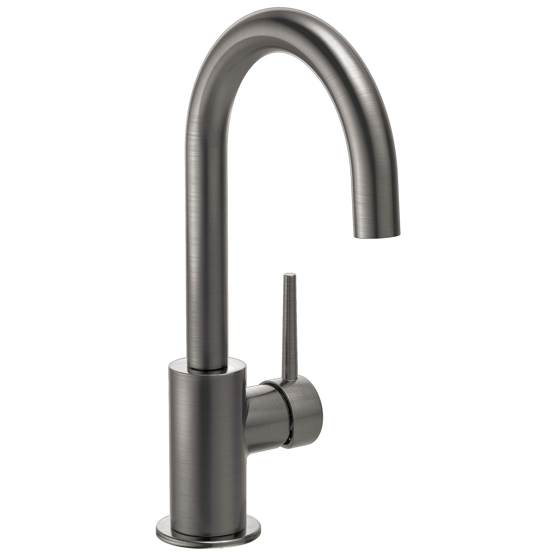 Brushed stainless steel kitchen faucet with curved spout and single side lever handle.