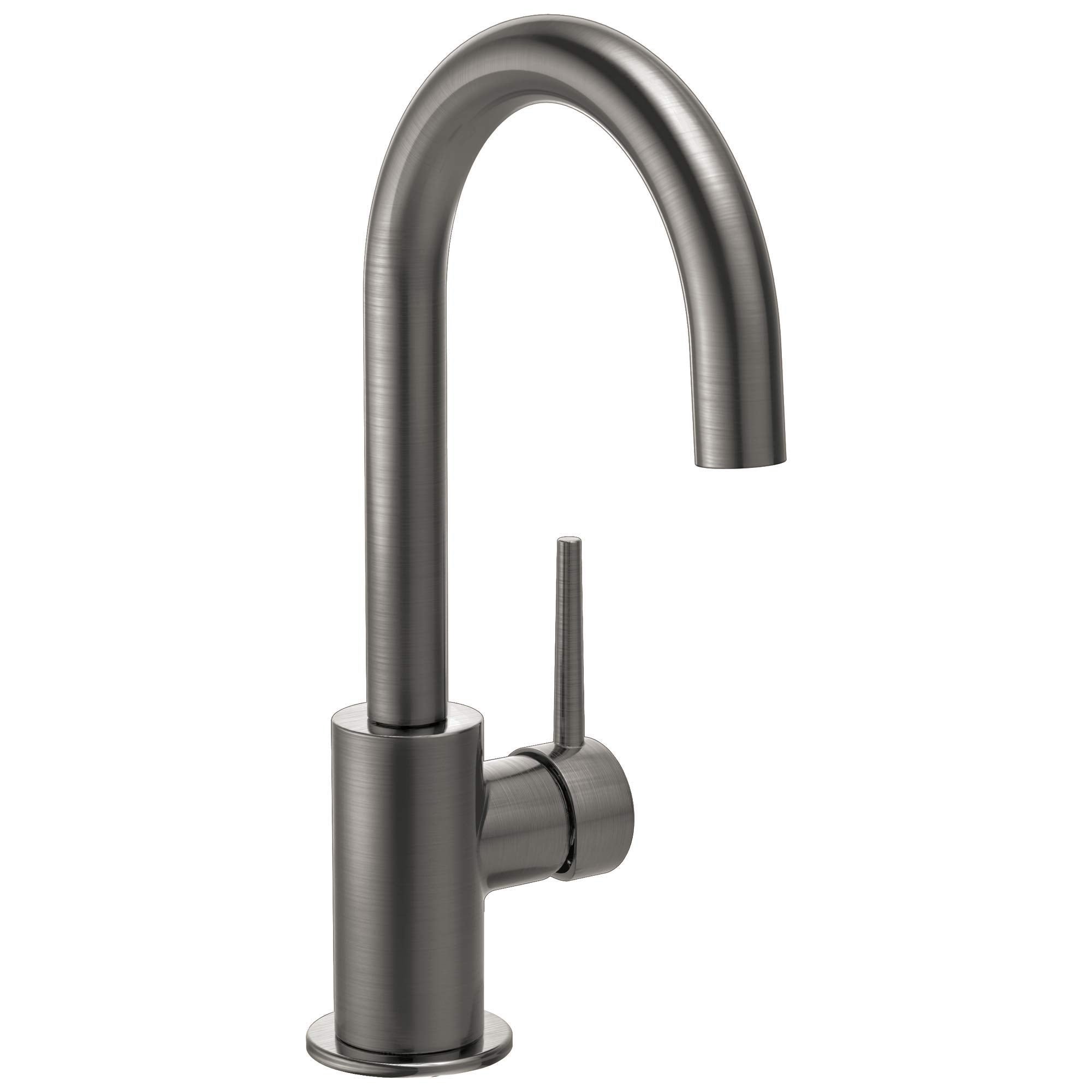 Brushed stainless steel kitchen faucet with curved spout and single side lever handle.