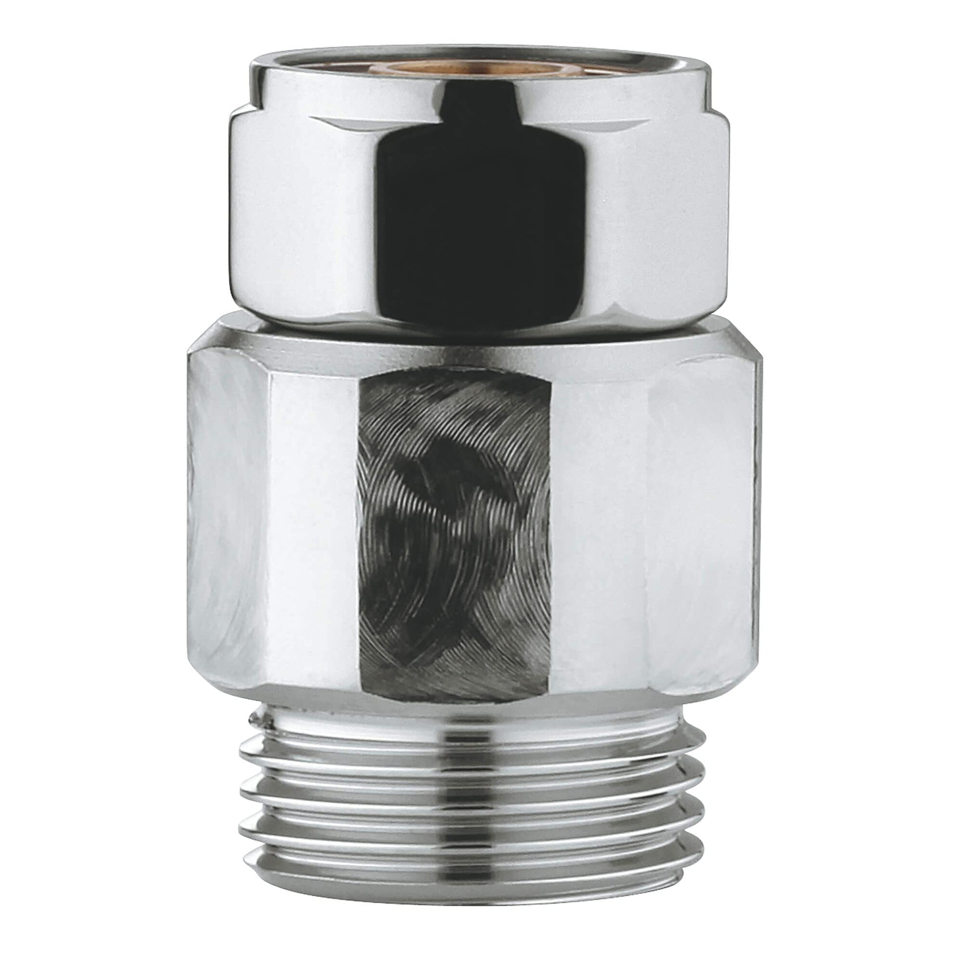 Chrome-plated threaded adapter with hexagonal body and internal sealing mechanism for plumbing connections.
