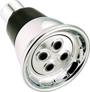 Chrome shower head with four spray openings and black rubber connector, angled view.