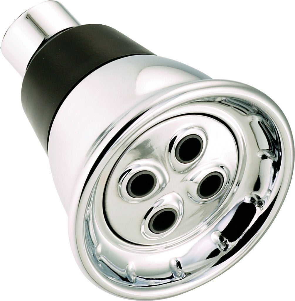 Chrome shower head with four spray openings and black rubber connector, angled view.