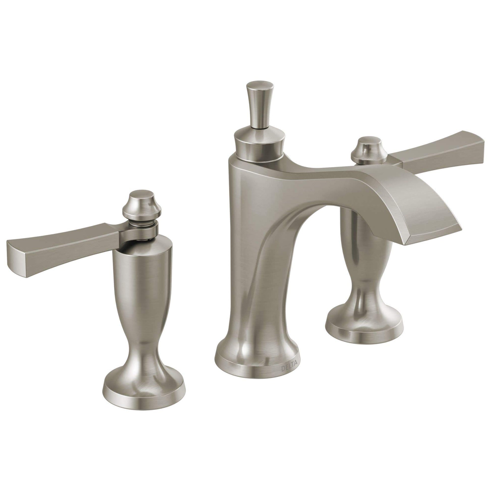 Brushed nickel two-handle widespread bathroom faucet with lever handles, arched spout, and pop-up drain assembly.