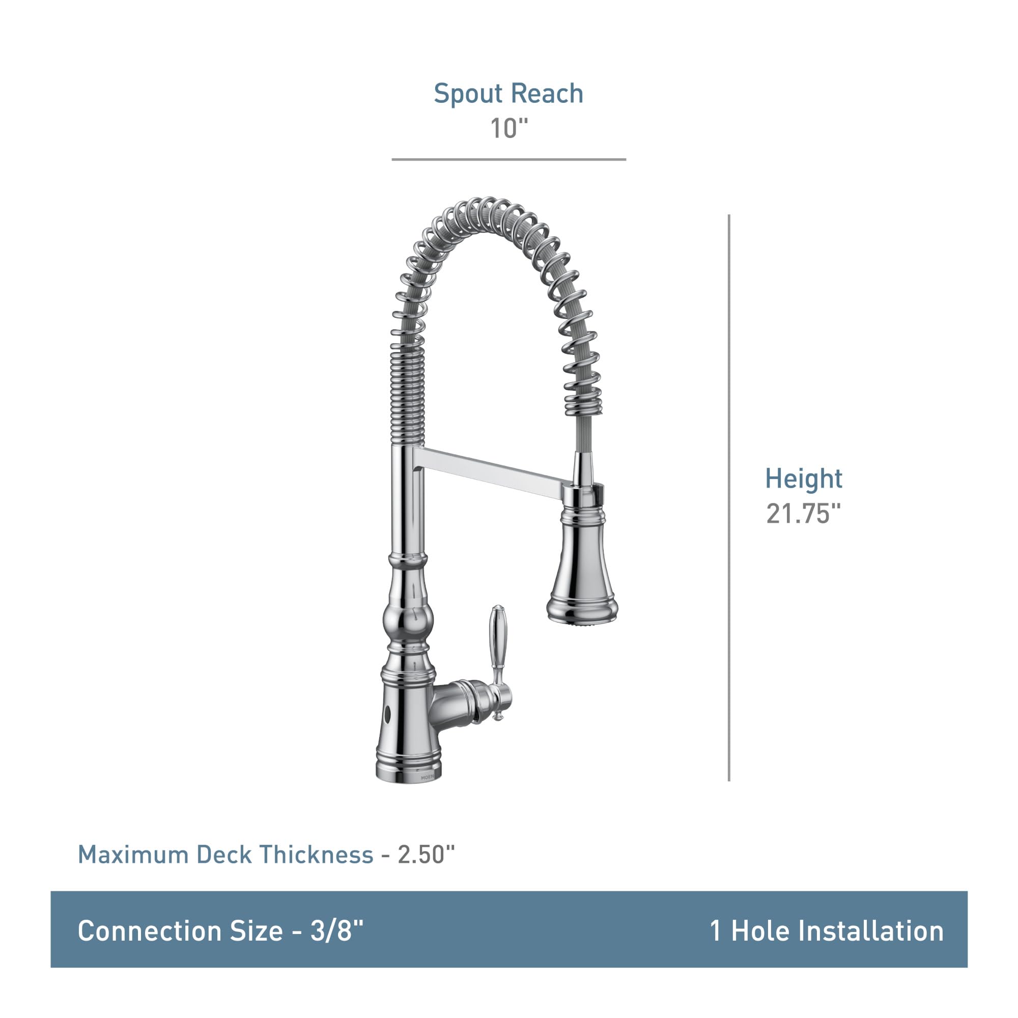Chrome kitchen faucet with high arching spout, coiled pulldown sprayer, and single lever handle, 21.75" height with 10" spout