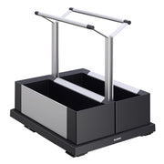Black and white double storage caddy with two compartments, metal frame, and black handles on top.